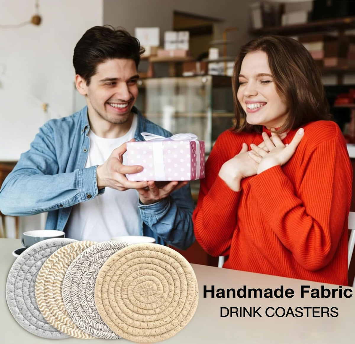 4.8 Inch Woven Drink Coasters Set of 4, Thick Absorbent Coasters, Boho Cotton Neutral Fabric Coaster for Desk Table Office Decor Posavasos for Coffee Cups with Gift Box (Multicolored, 4Pack) -