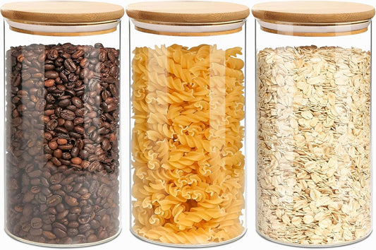 Round Glass Jars Canister with Wood Lid 40 FL OZ [Set of 3], Container Jar with Sealing, Lids for Oat Pasta Flour Cereal