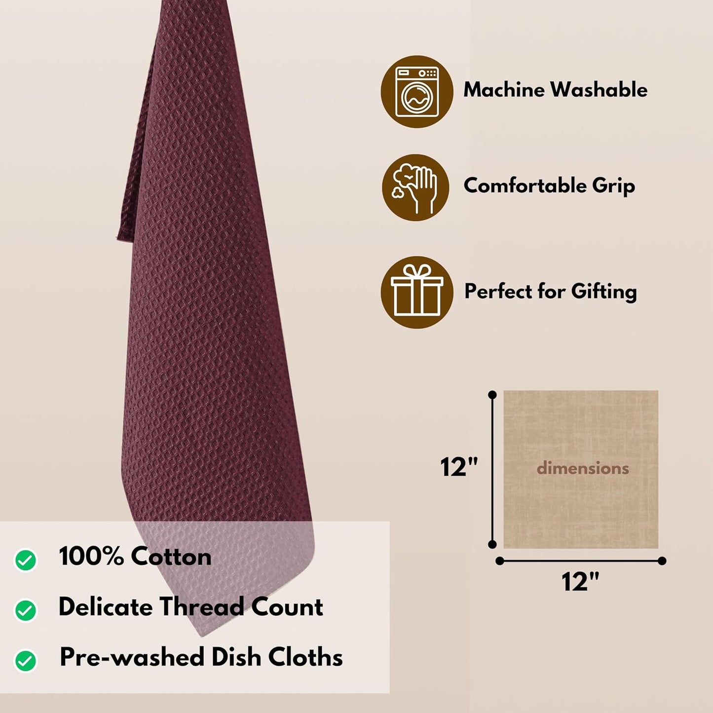 Native Fab Waffle 12 Pack Dish Cloths - 100% Cotton, Absorbent, Quick Dry, Washable Towels for Cleaning, Cooking &amp; Drying Dishes - Perfect for Home, Restaurants, Bars, Cafes - 12"x12" - Burgundy