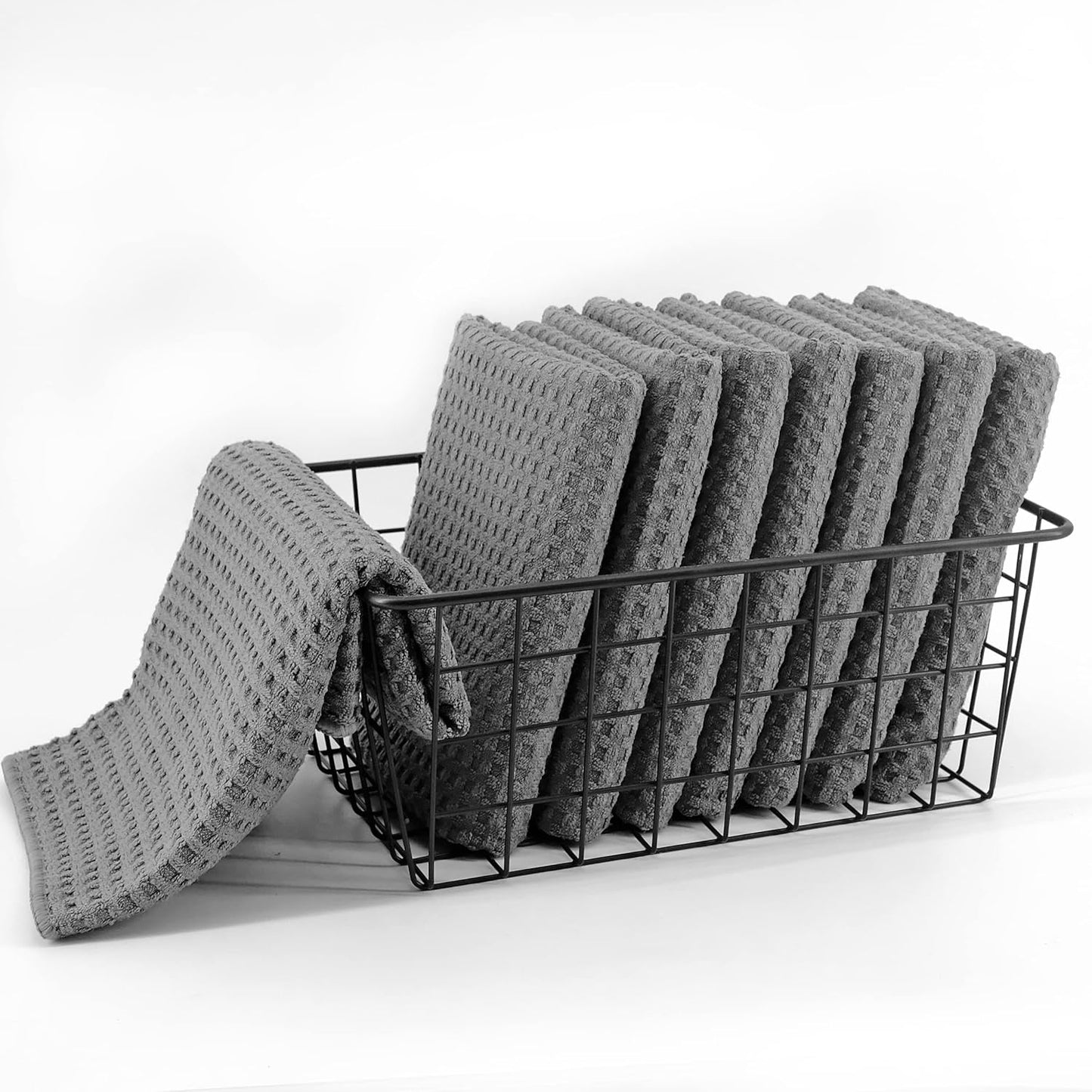 POLYTE Ultra Premium Microfiber Kitchen Dish Hand Towel Waffle Weave, 8 Pack (16x28 in, Gray)