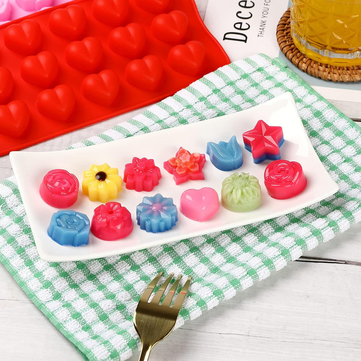 FIRETREESILVERFLOWER Flower Shape Chocolate Candy Molds Set,Heart,The stars,The rose,Flowers in Combination,15 Cavity Silicone Baking Mold Ice Cube Tray-Wedding,Festival,Parties and DIY Crafts-(6Pcs)