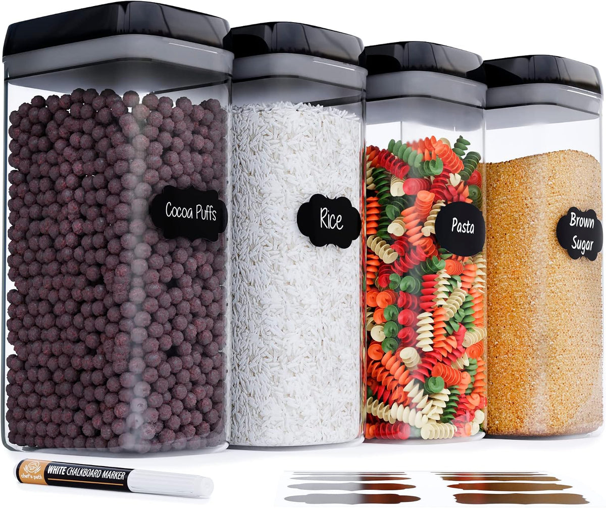 Chef's Path Airtight Food Storage Boxes with Labels - Kitchen Storage - Flour, Cereal, Pasta - Plastic Storage Boxes with Lids (4pcs-3.2L)