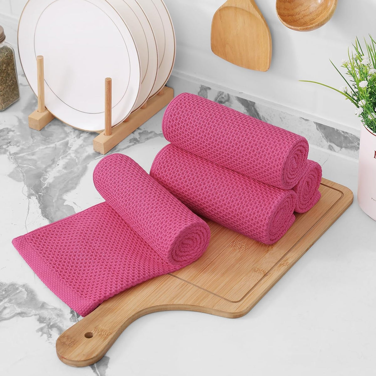 Kitinjoy 100% Cotton Waffle 4-Pack Kitchen Towels, 13" x 28", Hot Pink | Super Soft, Ultra-Absorbent, Fast Drying, lightweight, Quick Drying Kitchen Hand Towels