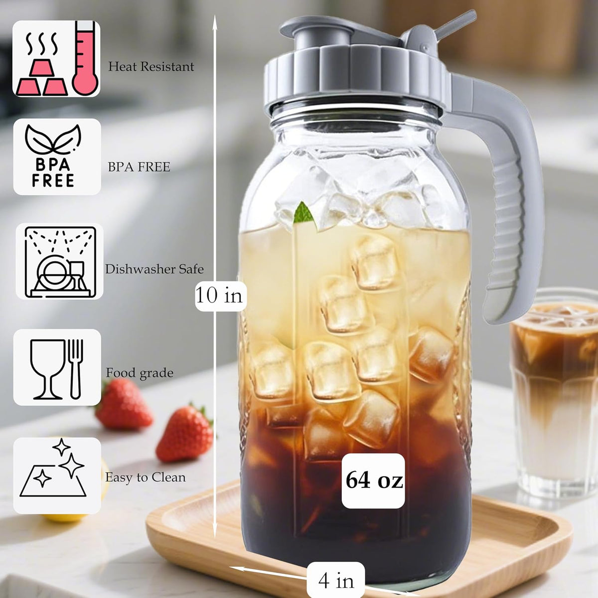 64 Oz Glass Mason Jar Water Pitcher With Lid Wide Mouth Sun Tea Pitchers | Half Gallon Cold Hot Water Jug Carafe For Coffee Lemonade Beverage Milk Iced Tea Container For Fridge Store Leak-Proof