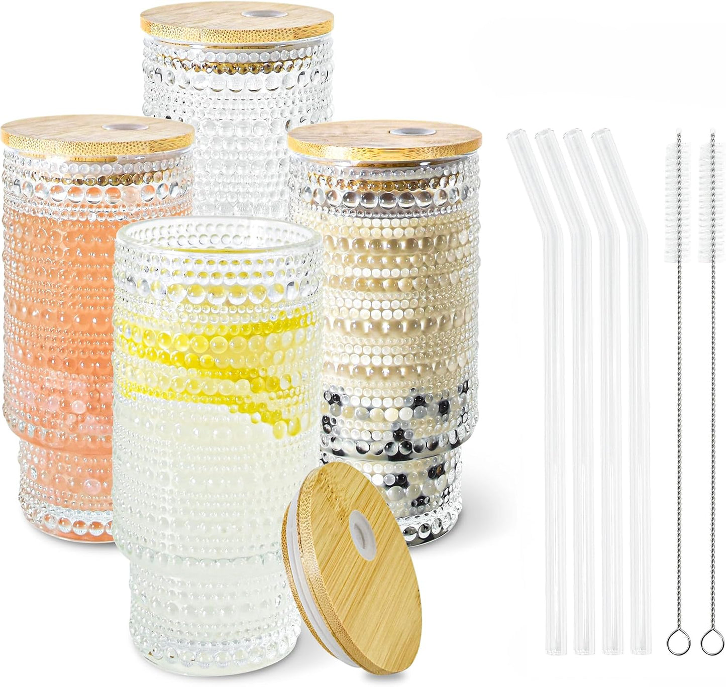Glass Cups with Lids and Straws 16 oz Hobnail Drinking Glasses | Vintage Iced Coffee Cup with Bamboo Lid, Cute Stackable Glassware for Cocktail Juice Matcha Smoothie Home Kitchen