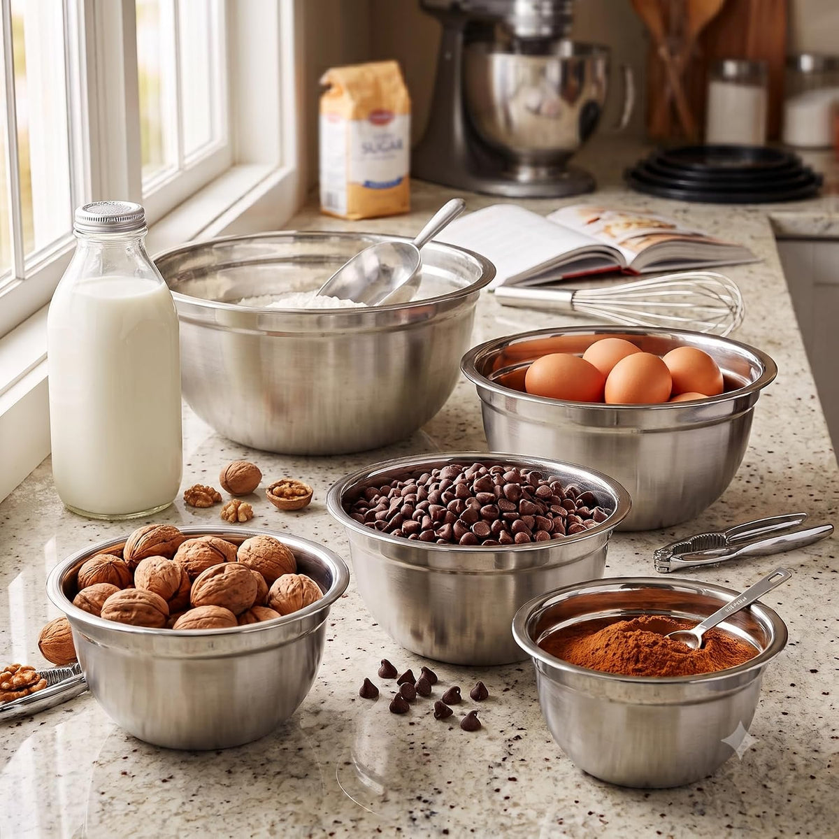 Stainless Steel Mixing Bowls with Lids, 5-Piece Nesting Set | Set includes 5, 3, 1.5, 1 &amp; .75 Quart Dishwasher Safe Metal Bowls for Kitchen, Meal Prep, Baking, Cooking, Storage