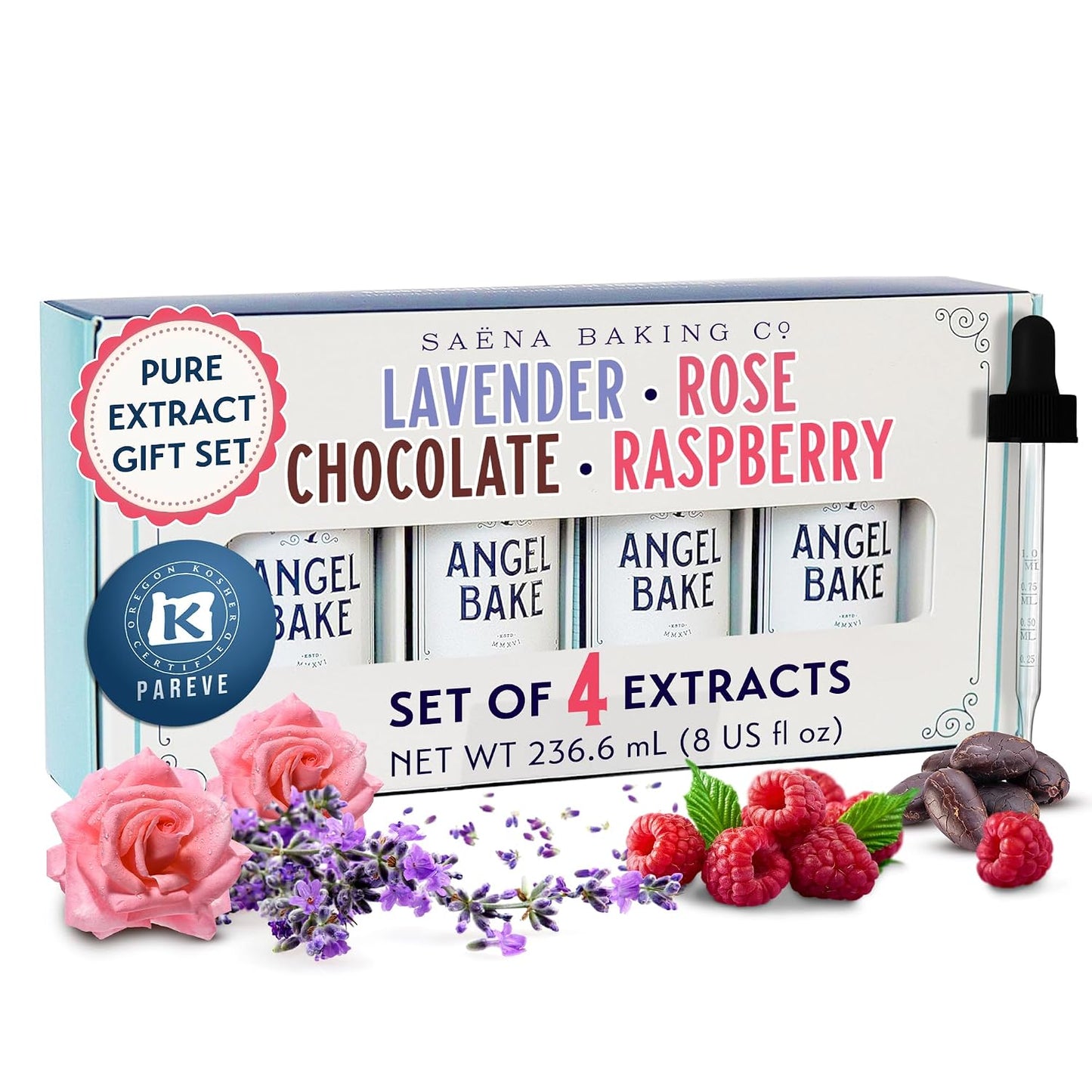 Angel Bake Extract Gift Set, Rose Lavender Chocolate Raspberry, 4x 2 oz
