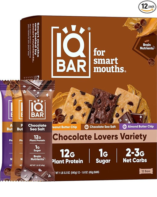 IQBAR Plant Protein Bars - Chocolate Lovers Variety - Keto, Vegan, Low Carb, High Fiber, Gluten/Dairy Free, Low Sugar Snack