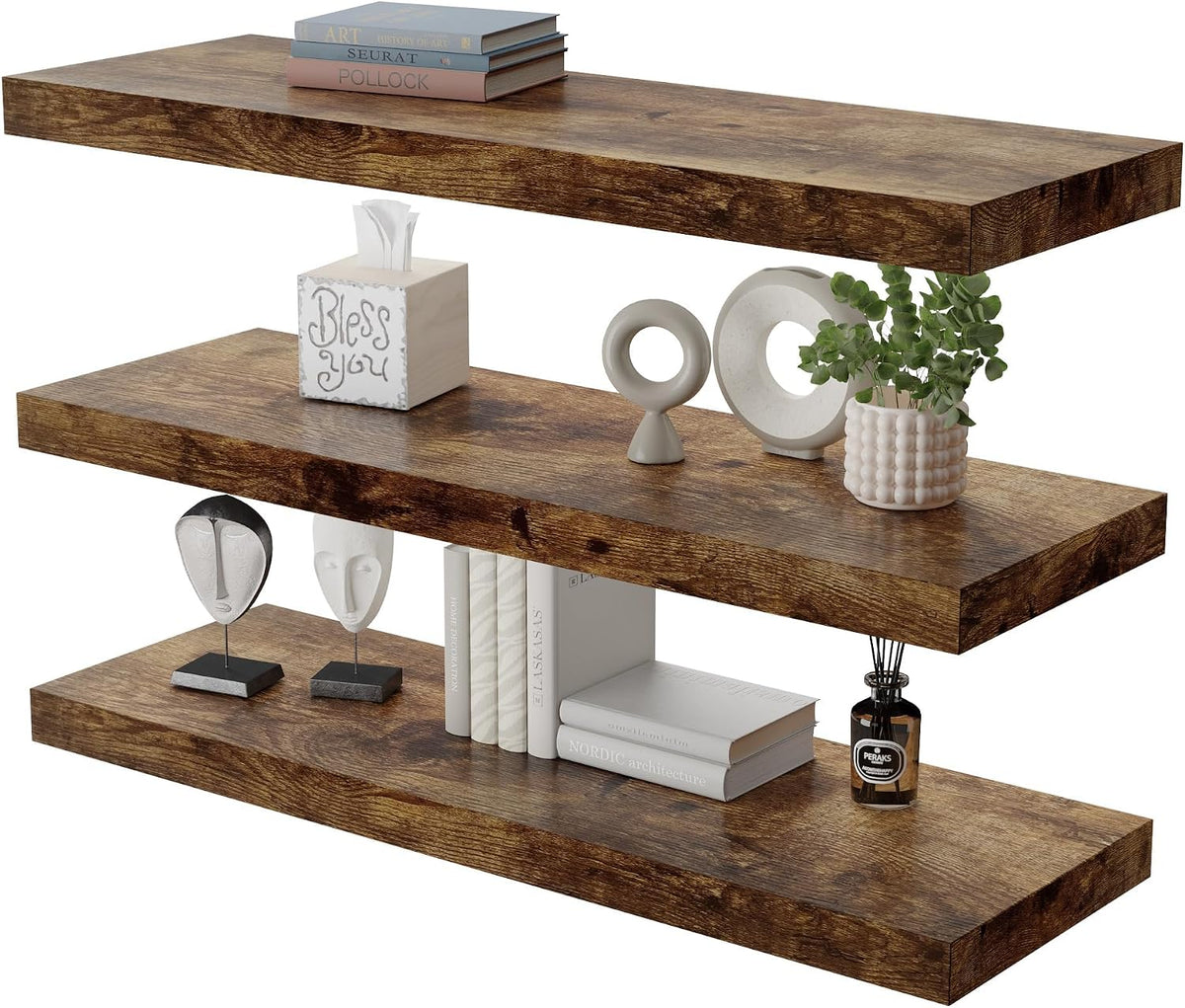 Floating Shelf, Set of 3 Wall Shelf, 30 in W x 12.75 in D x 2 in H Wooden Floating Wall Shelf with Invisible Brackets for Living Room/Bedroom/Bathroom/Kitchen Storage and Decor, Rustic Brown