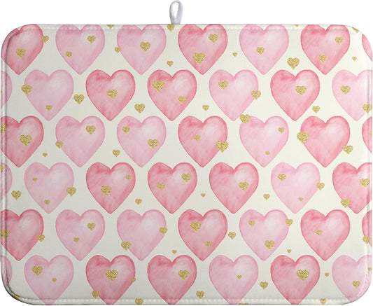 Valentines Dish Drying Mat Valentine Dishes Drying Pad Pink Golden Heart Love Absorbent Dish Dryer Matt for Kitchen