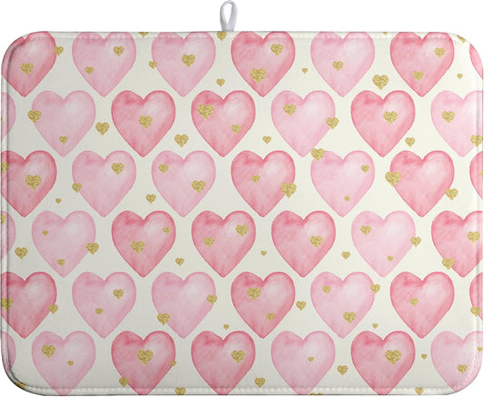 Valentines Dish Drying Mat Valentine Dishes Drying Pad Pink Golden Heart Love Absorbent Dish Dryer Matt for Kitchen Countertops Microfiber 18x24 Inches