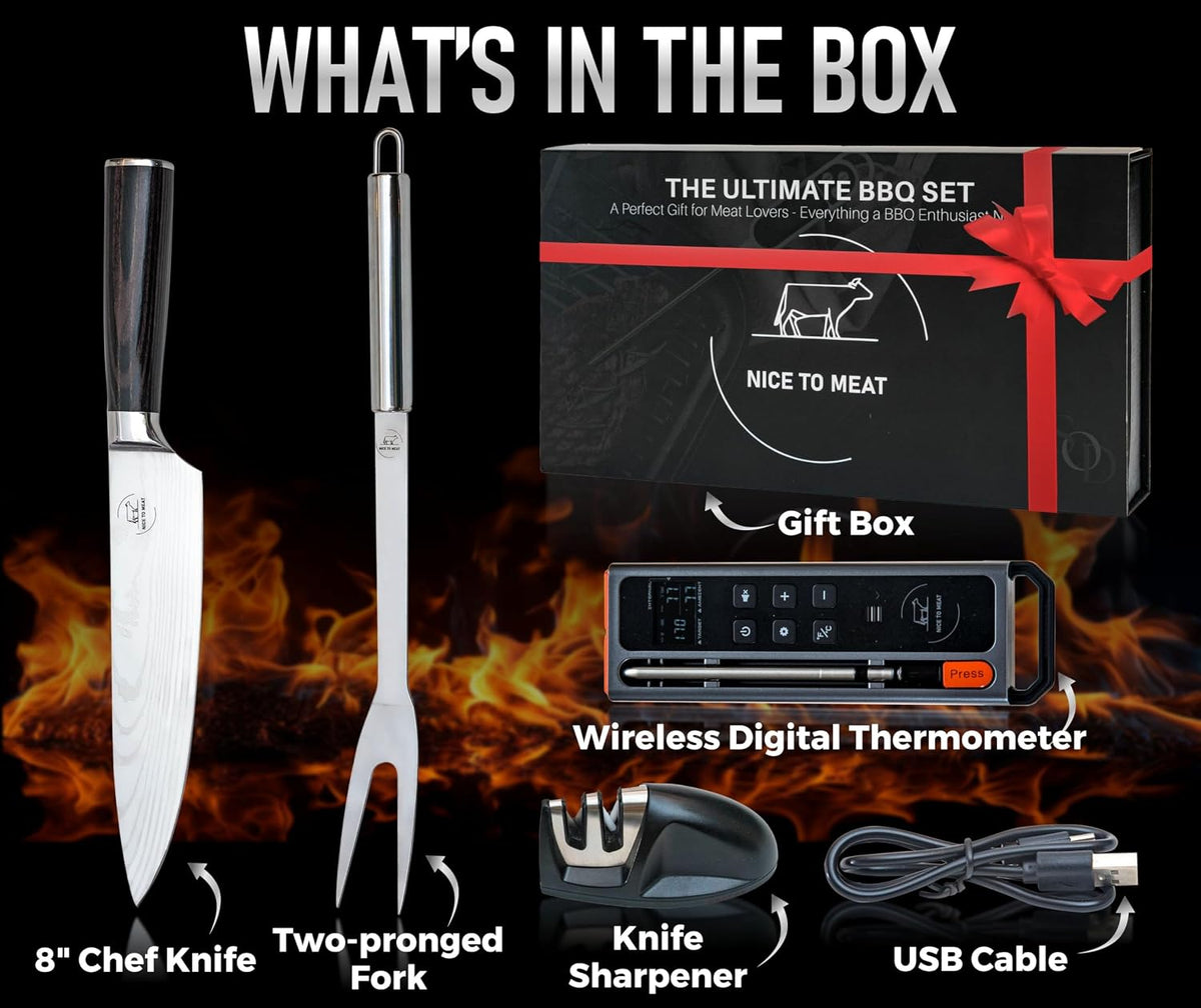 Wireless Meat Thermometer Digital BBQ Set, 5.3 Bluetooth and WiFi connectivity 800ft APP Control (iOS&amp;Android) with Chef Knife, Fork, Meats Temperature Probe, Grilling, BBQ Gift for Men