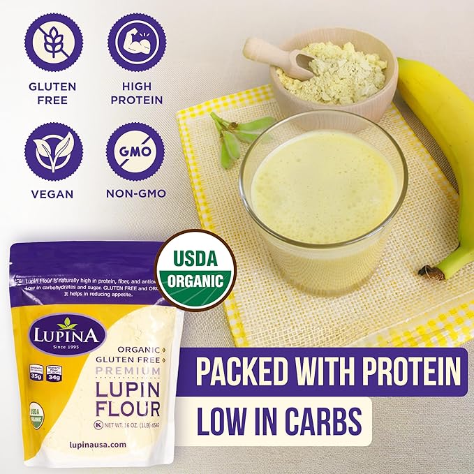 Lupina Organic Gluten-Free Lupin Flour –16 oz- High-Protein, High-Fiber, Low-Carb Plant-Based Flour – Non-GMO Vegan Superfood for Baking, Smoothies & Healthy Cooking