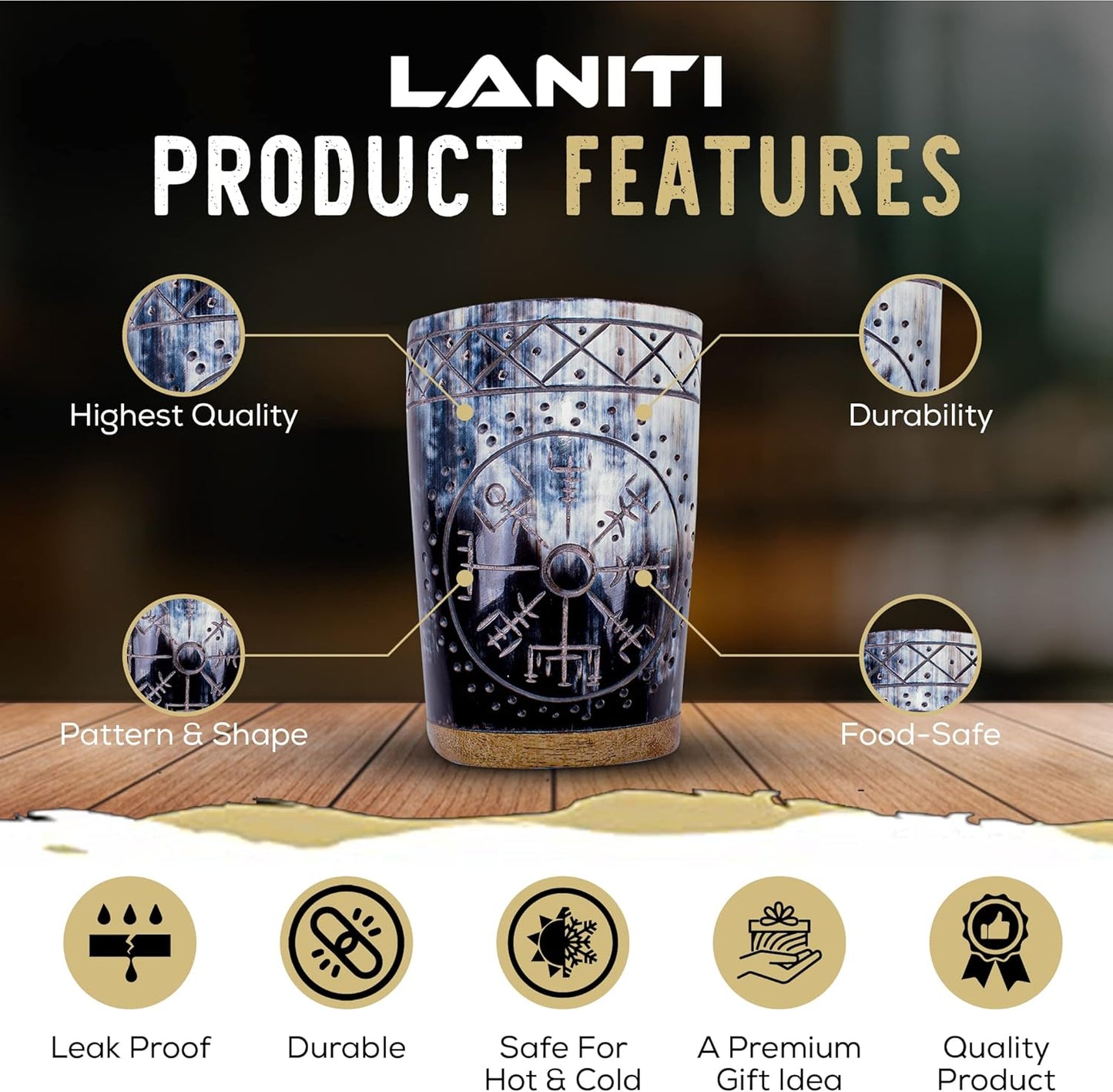 Ox Horn Shot Glass Set of 4 – Handcrafted Viking Cups with Unique Engraved Design – Cool Norse Horn Shot Glasses for Ancient Age Whiskey