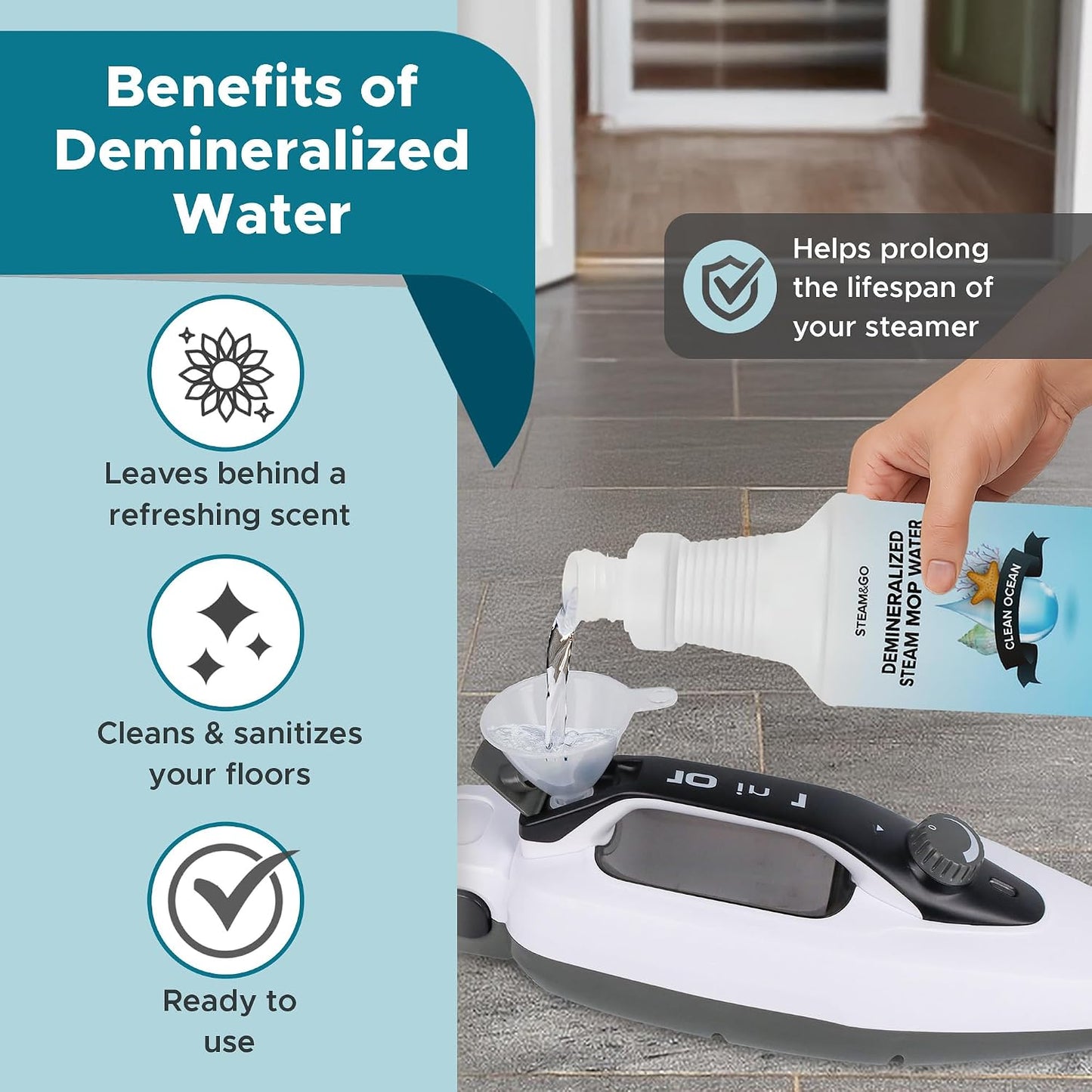 Steam &amp; Go Demineralized Water for Steam Mop – Clean Ocean Scent, 32 oz (Pack of 6) | Scented Floor Cleaner Solution, Ready-to-Use, Compatible with Any Steam Cleaner