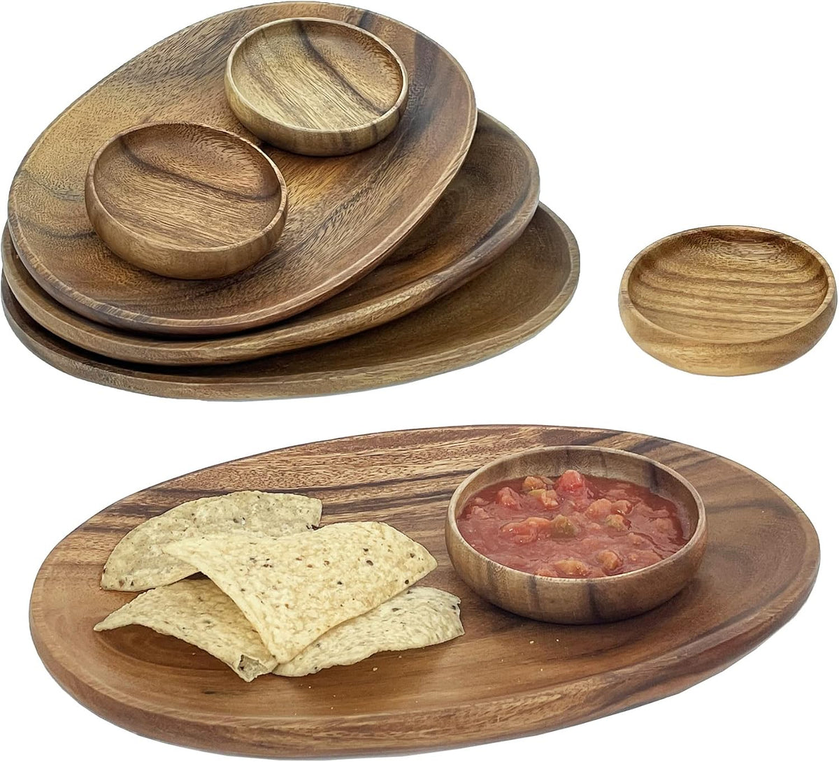 Woodard &amp; Charles Acacia Wood 12" Oval Tray with Dip Bowls, 8 Piece Set | 4 Acacia Wood Serving Trays and Bowls; Serve Appetizers, Sandwiches and Hors d'Oeuvres. Ideal for Parties and Entertaining