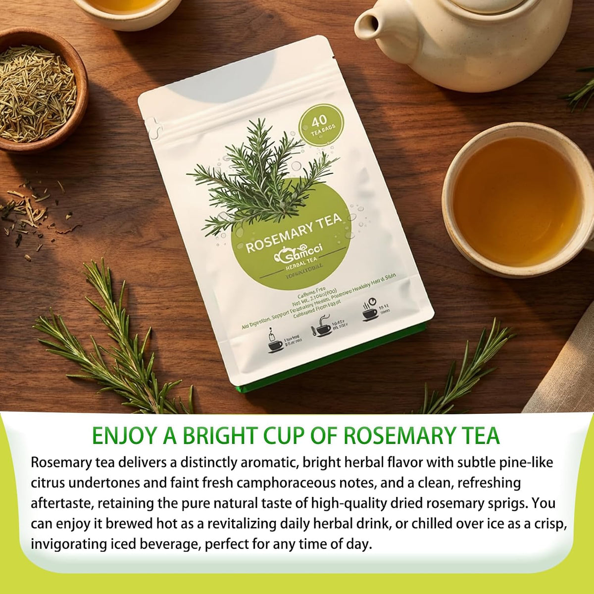 Samcci Rosemary Tea Bags, 40 Count, Pure Dried Rosemary Leaves Herbal Tea | Te De Romero,Distinct Flavor &amp; Support Digestion, No Additives, Non-GMO, Caffeine-Free, Resealable Pouch