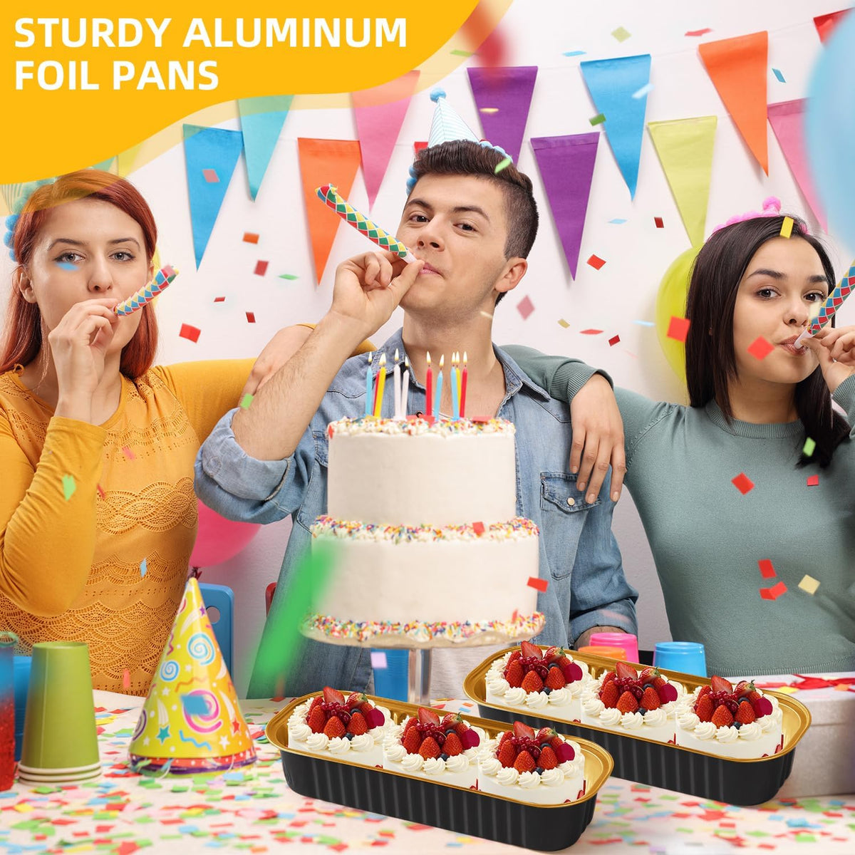 100 Pack 6.8 oz Rectangular Mini Loaf Pans with Lids and Spoons,Disposable Aluminum Foil Mini Cake Pans and Baking Tins with Sealing Stickers, Individual Black Dessert Containers for Parties