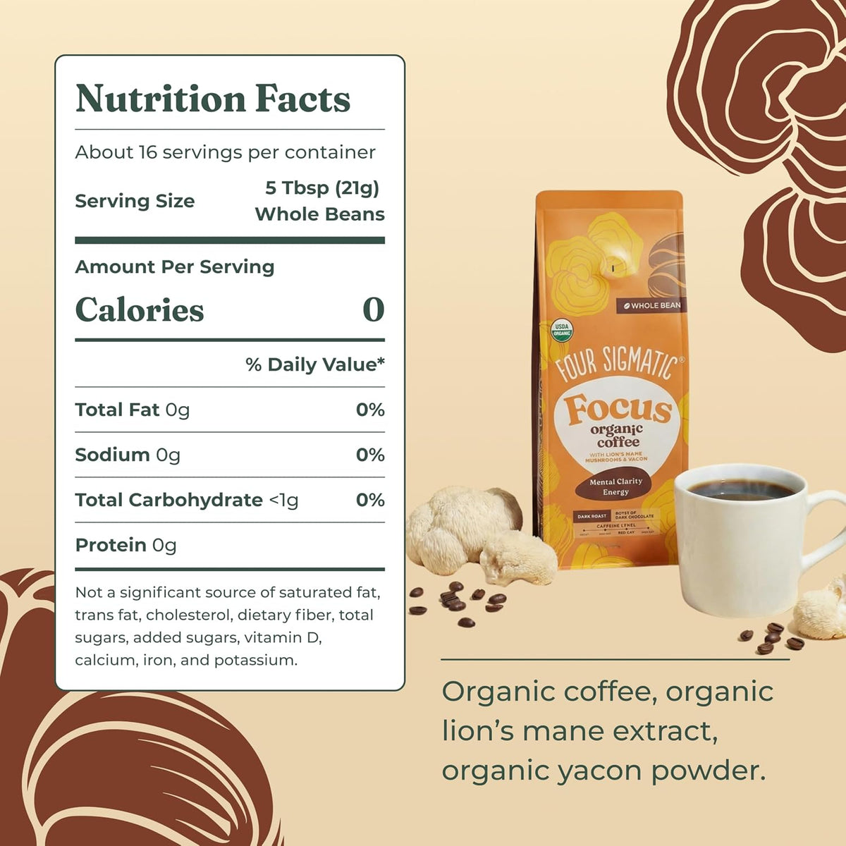 Four Sigmatic Dark Roast Organic Whole Bean Coffee | Gourmet Nootropic Mushroom Coffee Beans with Lion's Mane &amp; Chaga Mushrooms for Enhanced Brain Function and Immune Support | 12oz