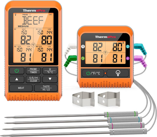 ThermoPro TP829 1000ft Wireless Meat Thermometer Digital for Grilling and Smoking, 4 Meat Probes Grill Thermometer for
