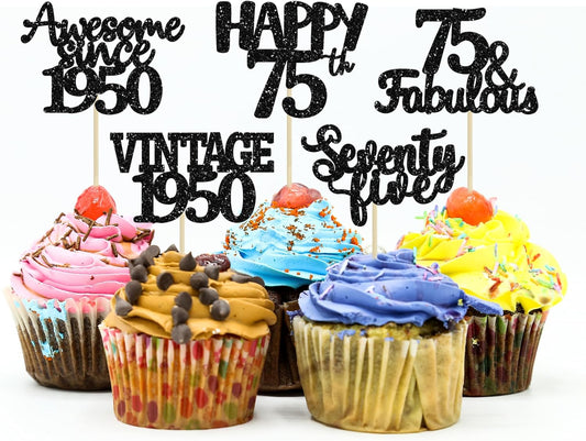 Gyufise 30 Pack black Glitter 75th Birthday Cupcake Toppers Vintage 1950 Cake Toppers Hello 75 Cake Topper Sixty Five 75 &