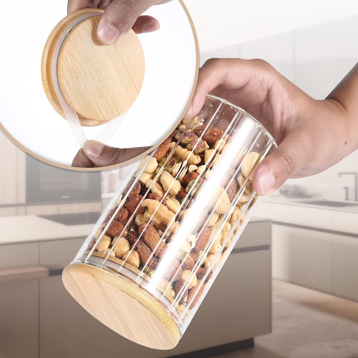 24 FL OZ Airtight Glass Jars with Bamboo Lids Spoons Coffee Canister, 2Pack