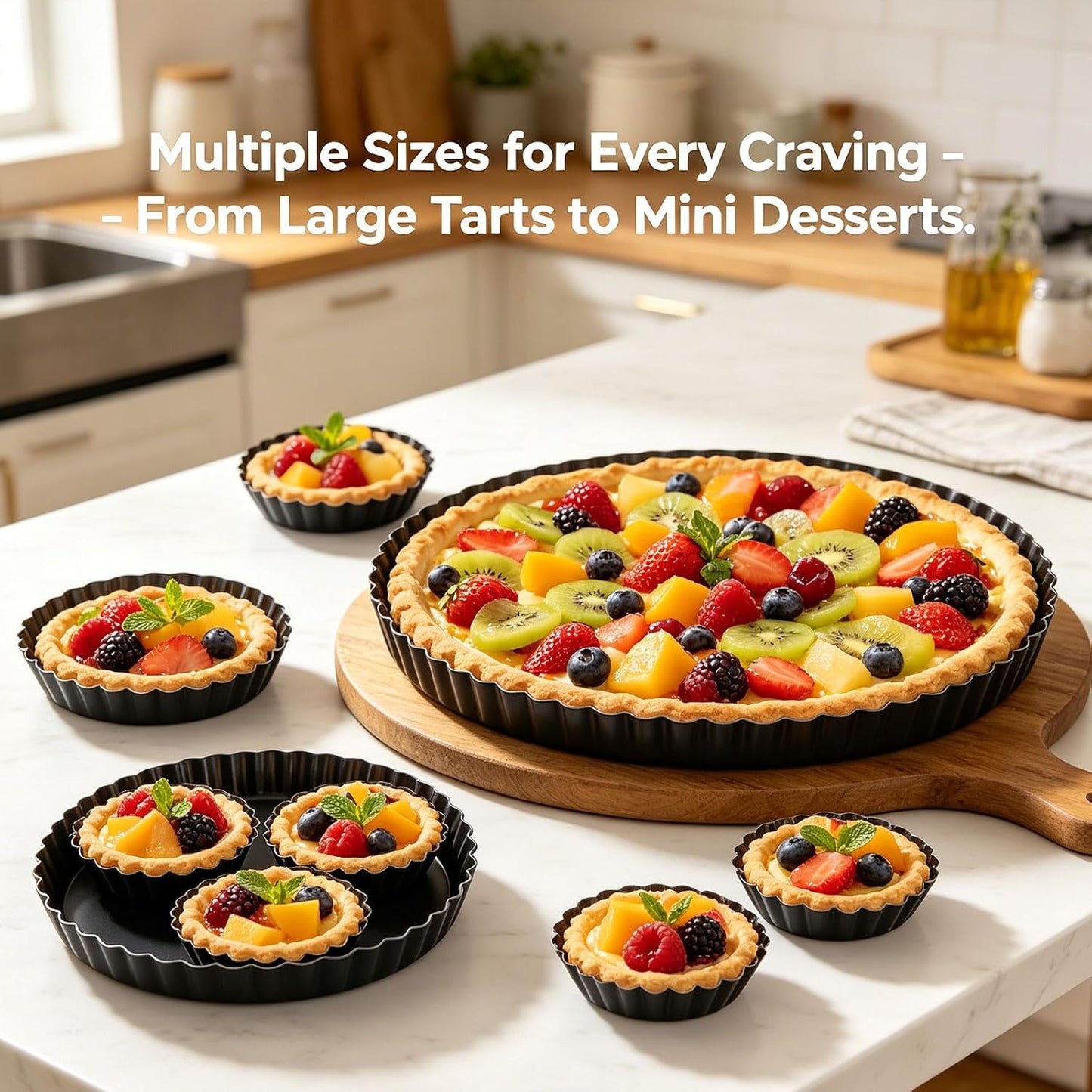 Tart Pan Set, 10 &amp; 9 Inch Tart Pans with 5 &amp; 4 Inch Mini Tart Pans Removable Bottom, Quiche Pan Carbon Steel Heavy Duty Nonstick Pie Pan- Fluted Edges for Baking Fruit Tartets, Pastries