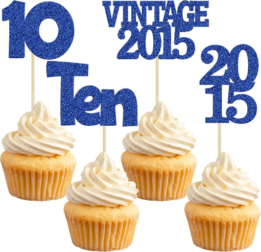 Gyufise 24Pcs 10th Birthday Cupcake Toppers Glitter Ten Vintage 2015 Double Digits 10 Cupcake Picks Birthday Cake