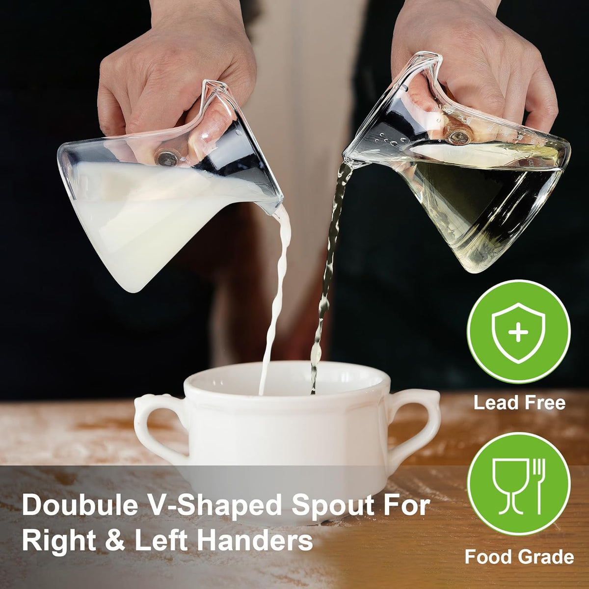 Joeyan 6 oz Glass Measuring Cup with Double Spouts,Clear Borosilicate Espresso Shot Glasses with Wooden Handle,Milk Creamer Frothing Pitcher Barista Coffee Carafe