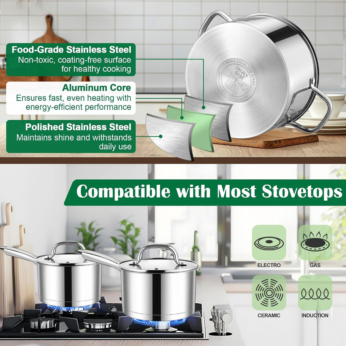E-far 10-Piece Stainless Steel Cookware Set, Induction Pots and Pans Set with Tri-Ply Base, Non-toxic Kitchen Cooking Set w/Frying Pan, Saucepan, Saute Pan, Stockpot with Lids, Oven & Dishwasher Safe