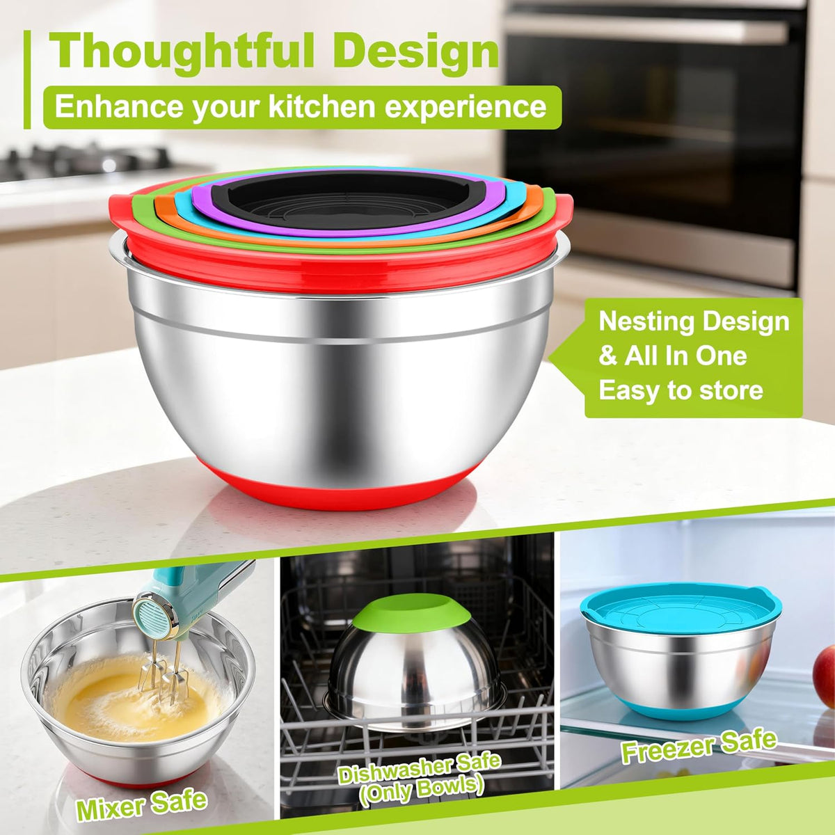 TeamFar Mixing Bowls, Stainless Steel Salad Bowls with Lids - Colorful | Nesting Bowls with Non-slip Bottom, for Kitchen Baking Preparing Serving, Stackable &amp; 6PCS - 4.6 /2.6 /2 / 1.5 /1 / 0.7 Qt