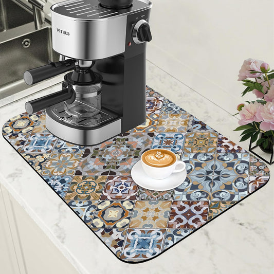 Retro Colorful Tiles Dish Drying Mat for Kitchen Counter Floral Coffee Mat Hide Stain Absorbent Drying Rack Pad with Rubber
