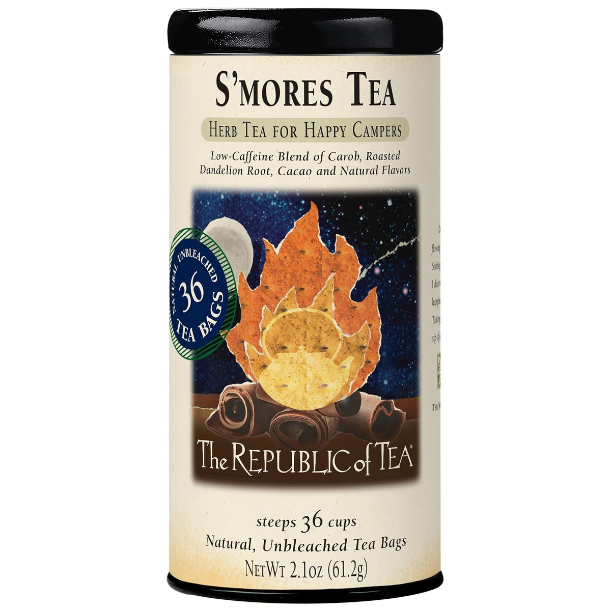 The Republic of Tea S'mores Herbal Tea, Caffeine Free, 36 Count | Suitable for day or evening . Smooth and rounded with notes of cocoa richness and roasted root. Gluten Free and Kosher.