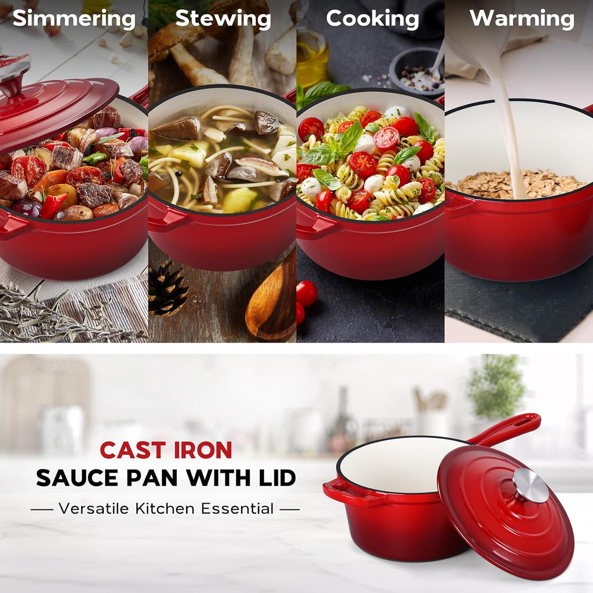 2QT Saucepan with Lid, Onader Enameled Cast Iron Sauce Pan Pot, Small Dutch Oven Cooking Kitchen Pot, Nonstick & Heavy Duty – Red