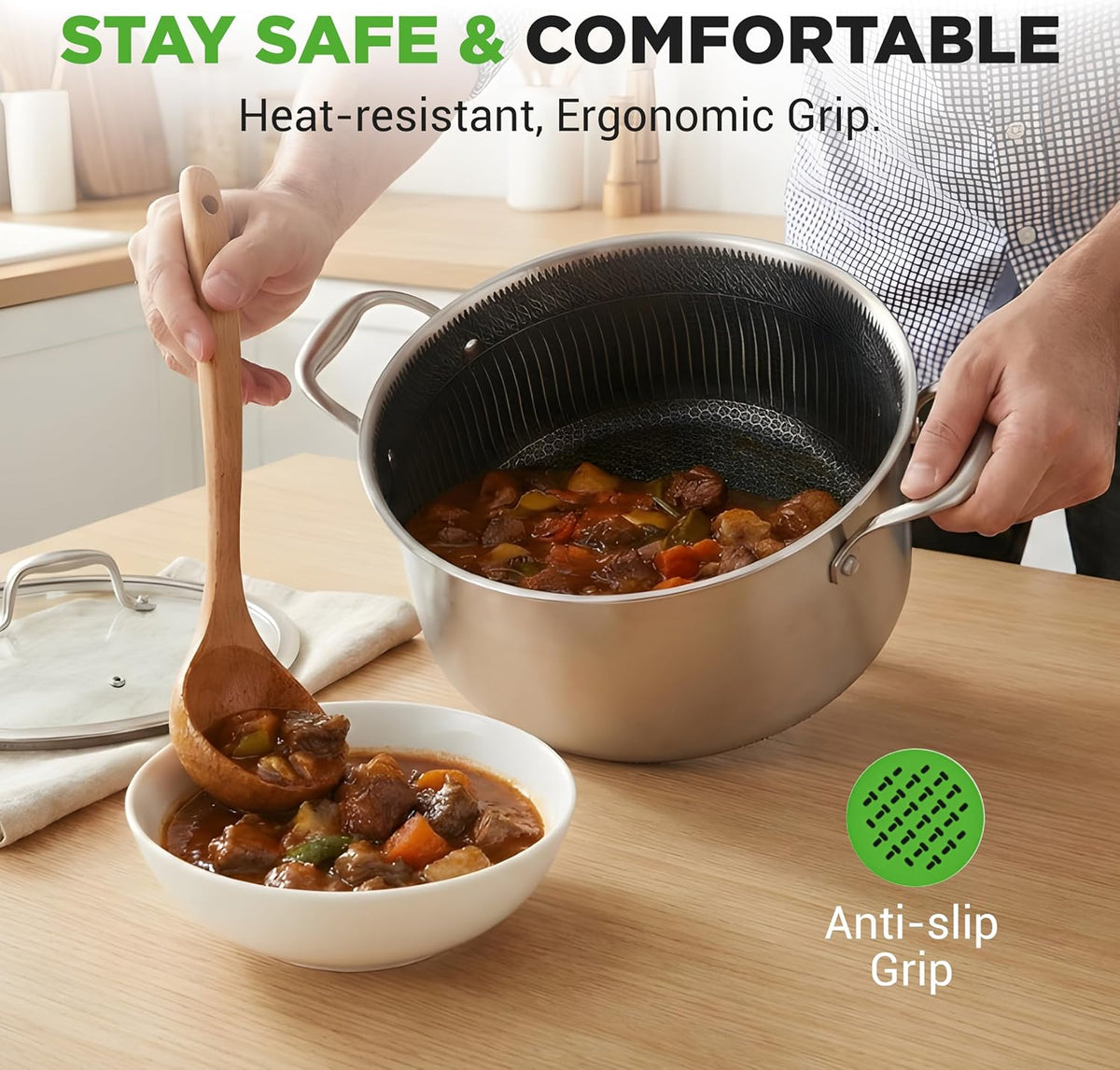 NutriChef 5 QT Stainless Steel Stew Pot - Triply Kitchenware Stew Pot with Glass Lid - DAKIN Etching Non-Stick Coating, Scratch-resistant Raised-up Honeycomb Fire Textured Pattern - NutriChef NC3PCAS