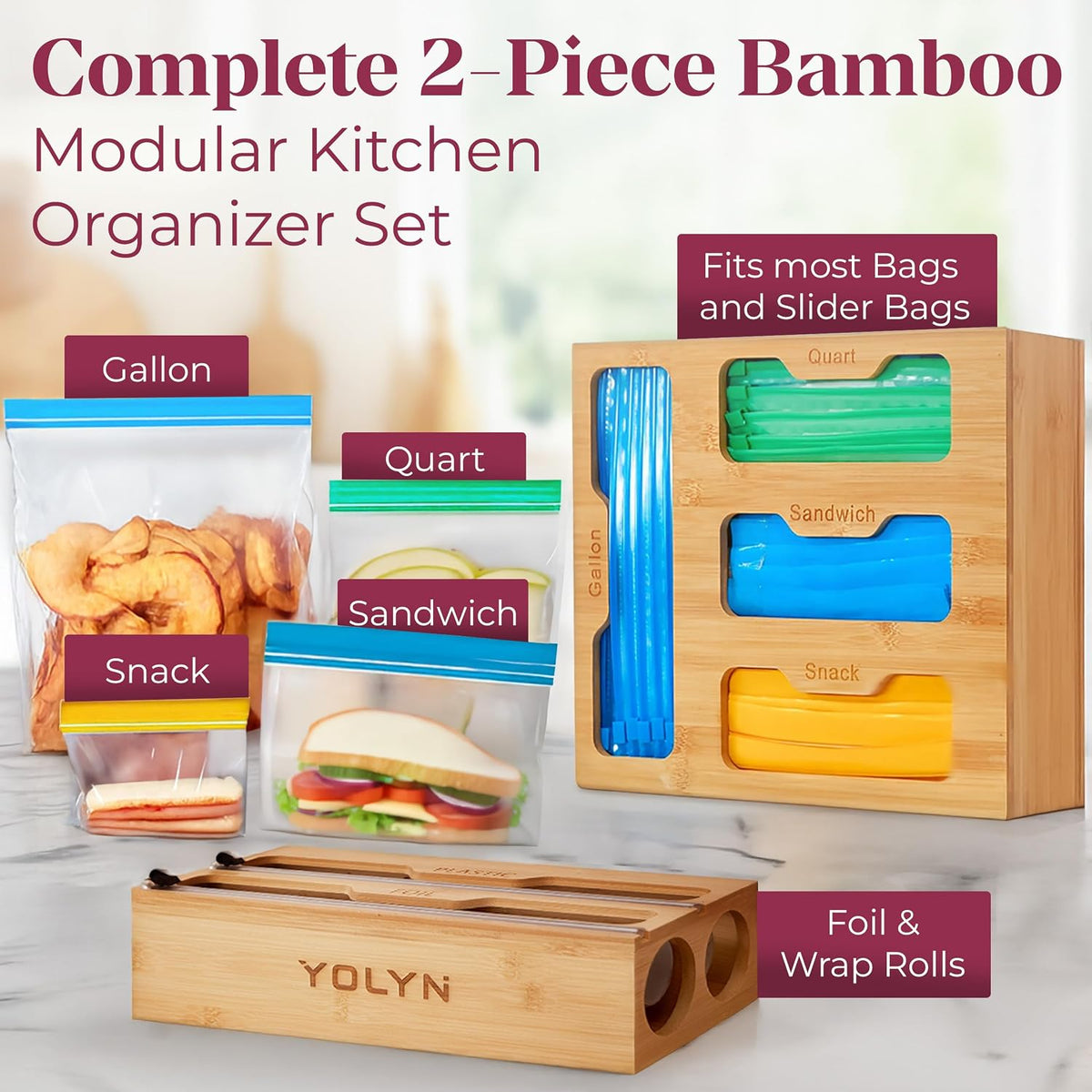 Bamboo Kitchen Storage Bag Organizer, Drawer Organizer with Foil Dispenser, Bamboo Organizer for Sandwich Bags, Plastic Wrap, Baggie and Foil, Premium Kitchen Drawer Organizer