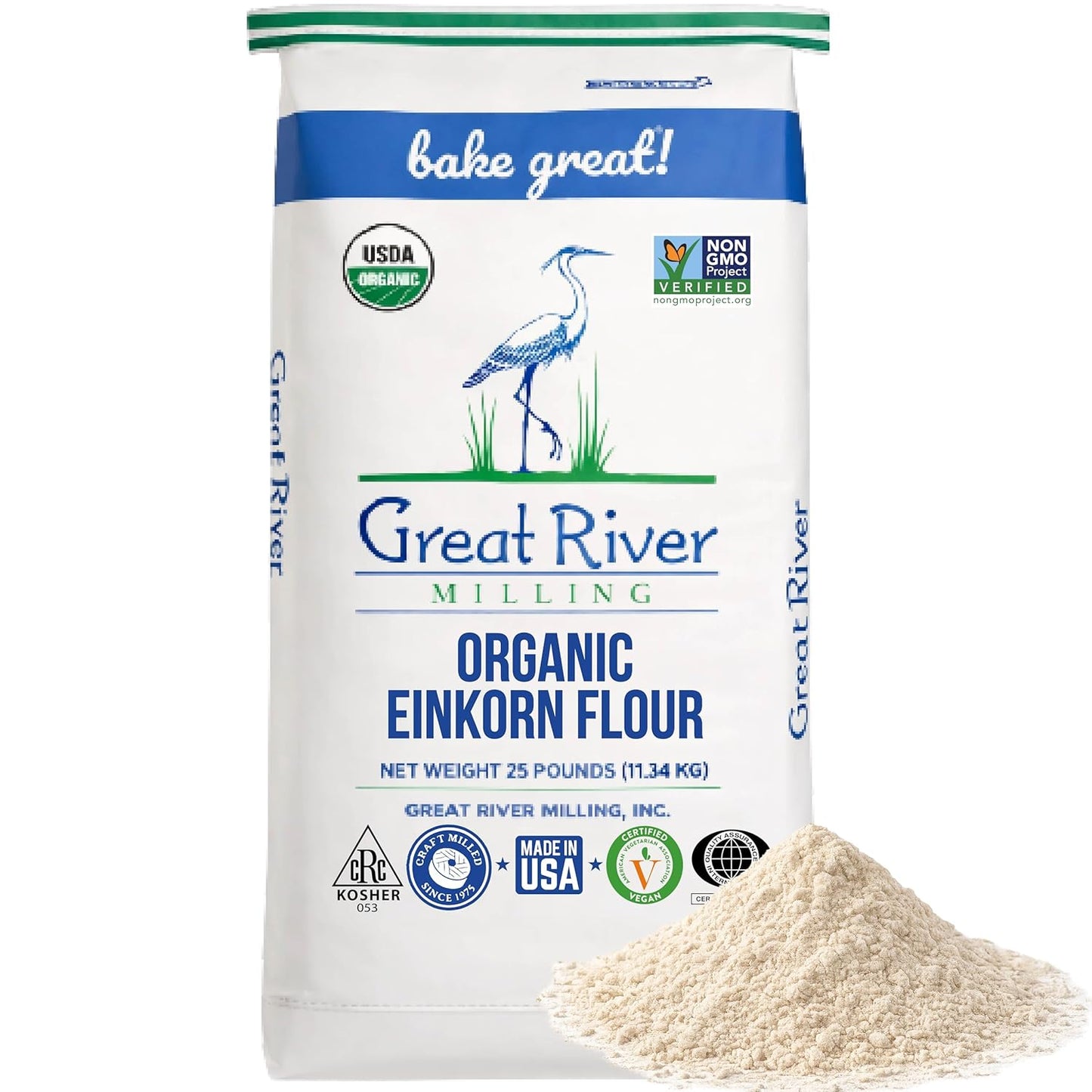 Great River Milling Organic Einkorn Flour, Ancient Grain, 25 lb | Organic Einkorn Flour for sourdough, sandwich loaves, rolls, pizza dough, muffins and rustic baking; hearty wheat flavor