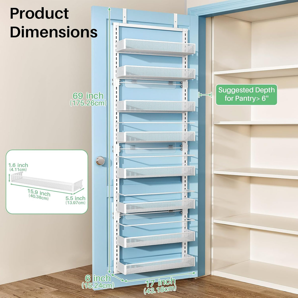 Over the Door Pantry Organizer - 8 Tier Adjustable Hanging Door Spice Rack, Large Capacity for Kitchen Pantry Storage (White)
