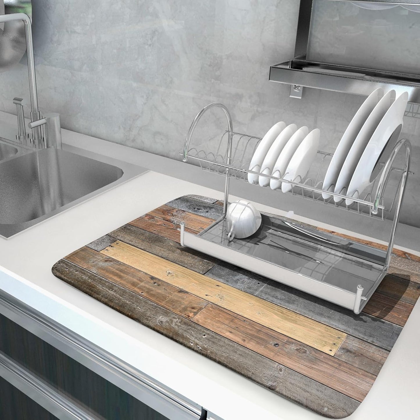 Giwawa Wood Grain Dish Drying Mat for Kitchen Countertop, Rustic Wooden Board Dish Drainer Mats, Vintage Country Style