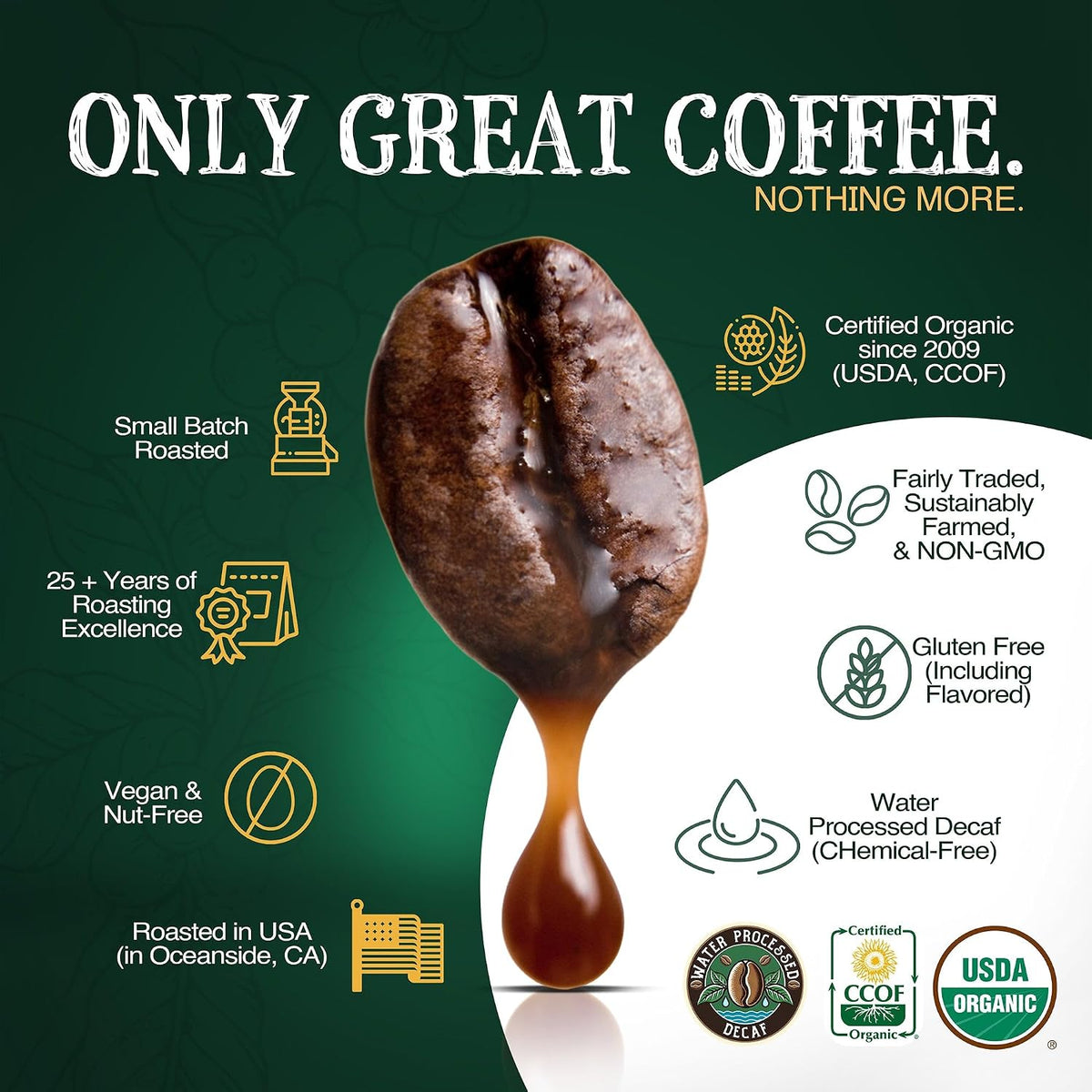 The Bean Organic Coffee Co. Decaf California Blend, Whole Bean, 2 x 1 lb | Mellow, low-acid California blend. Swiss Water Process, 99.9% caffeine-free. Organic decaf coffee beans. Medium Roast.