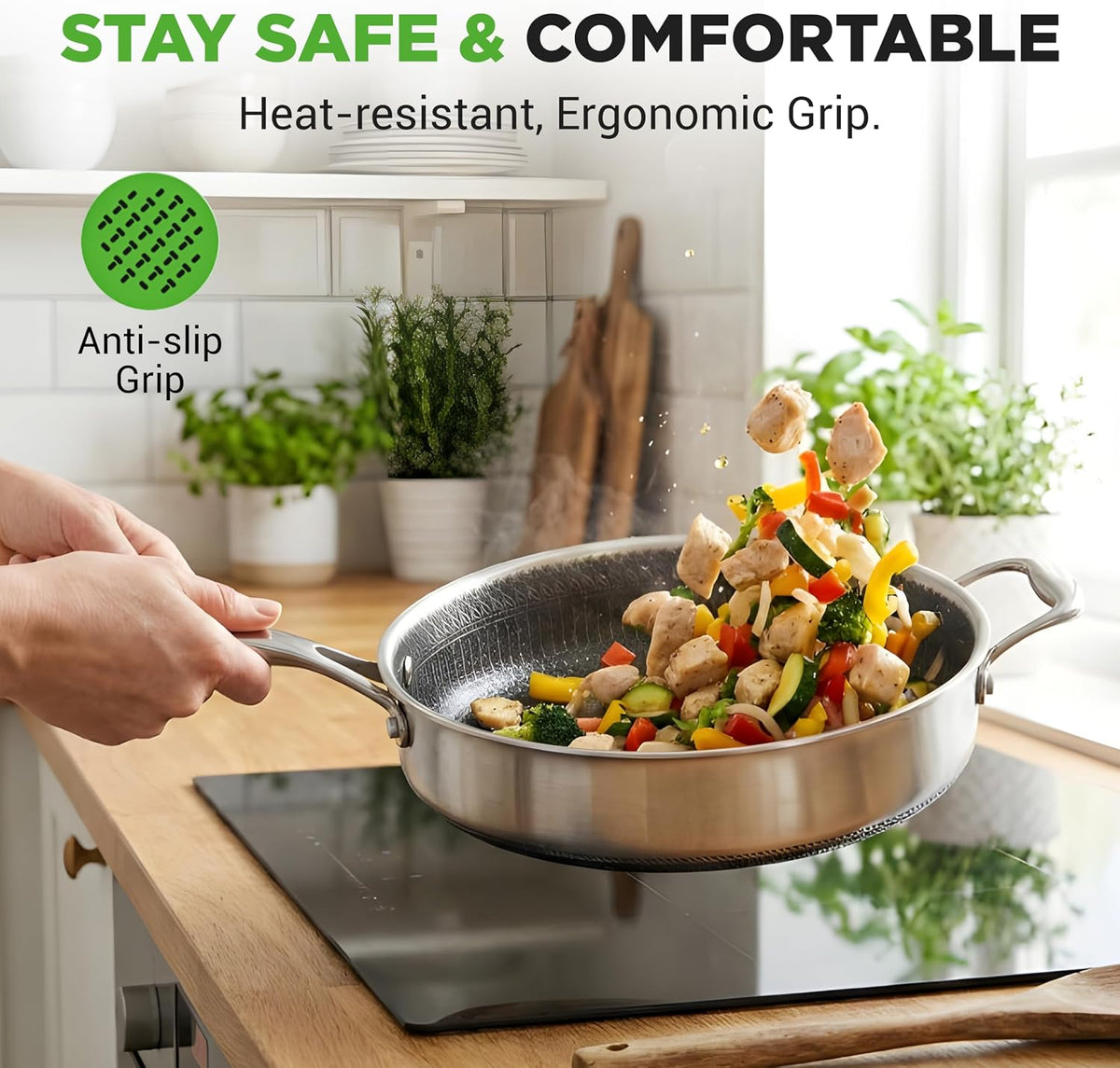 NutriChef 3.4QT Deep Frying Pan with Lid - Stainless Steel Non-Stick Saute Pan, Scratch-Resistant Honeycomb Texture, Oven & Induction Safe Skillet