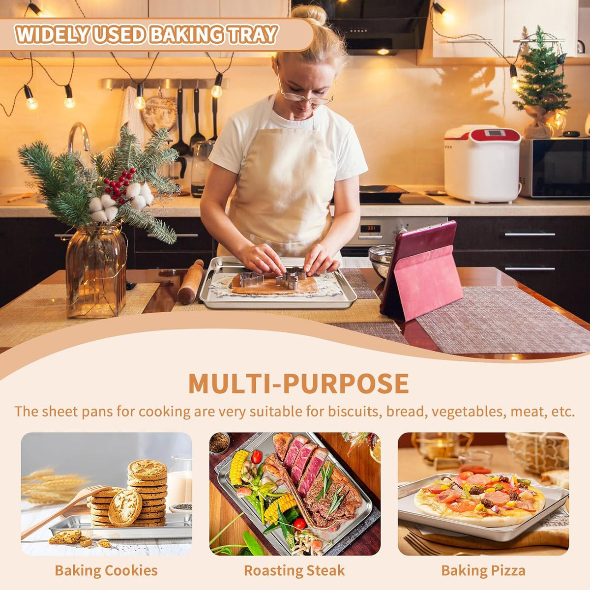 Stainless Steel Baking Sheet Set of 2, Deedro Cookie Sheet Metal Baking Pan Oven Tray, Non Toxic &amp; Heavy Duty, Rust Free &amp; Mirror Finish, Easy Clean &amp; Dishwasher Safe, 12 x 10 x 1 Inch