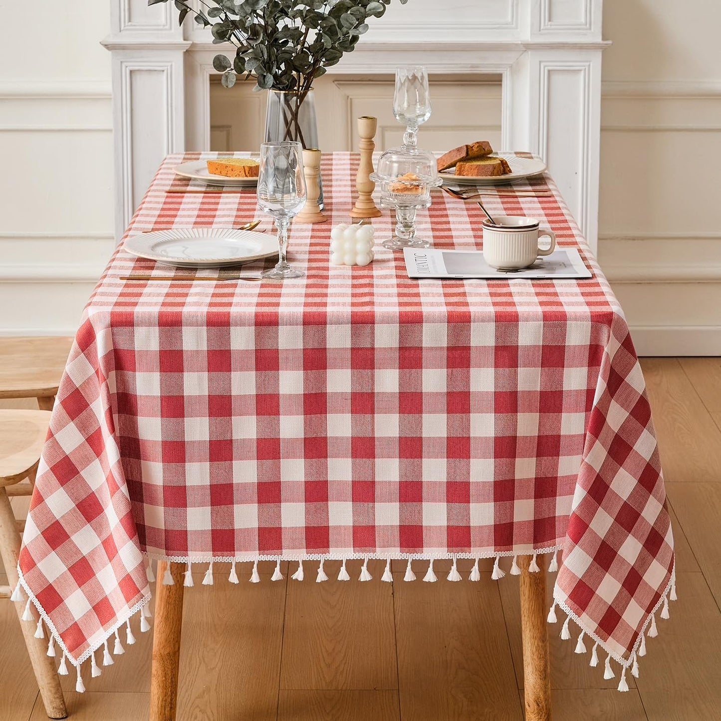 JIALE Gingham Tablecloth Square Cotton Linen Fabric Checkered Table Cloth with Tassel Washable Wrinkle Free Buffalo Plai