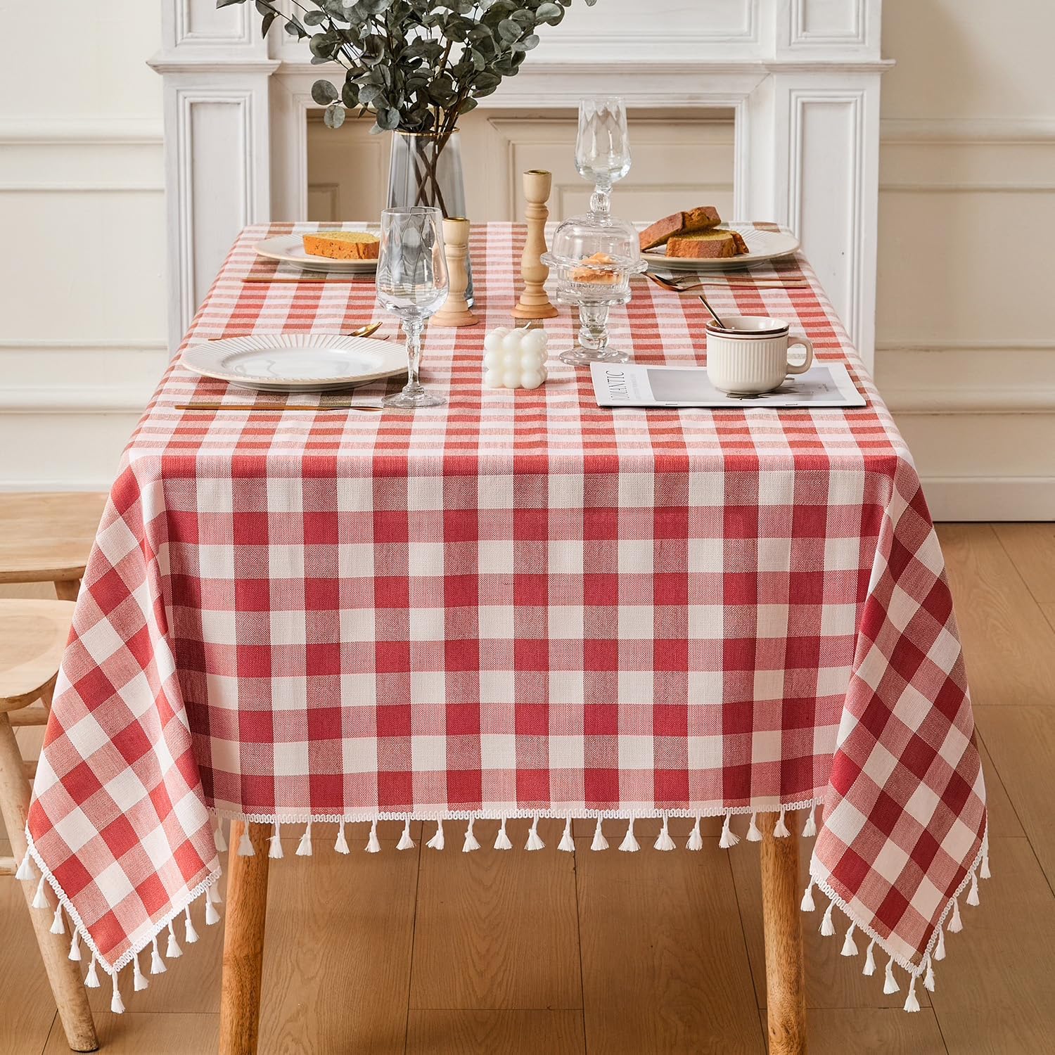 JIALE Gingham Tablecloth Square Cotton Linen Fabric Checkered Table Cloth with Tassel Washable Wrinkle Free Buffalo Plai