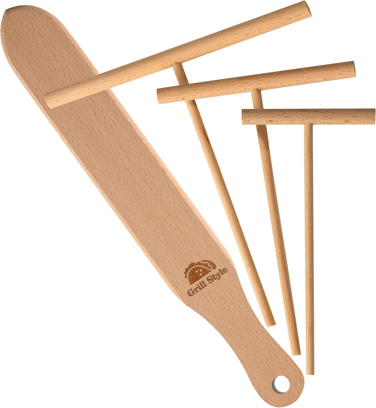 Crepe Spreader and Spatula Kit, Natural Wood Material Crepes Sticks | T-Shaped Batter Spreaders(3.5, 5, 7 Inch) &amp; Spatula Turner(13.4 Inch), Pancake Tool, Fit Any Crepe Pan Maker, Pack of 4