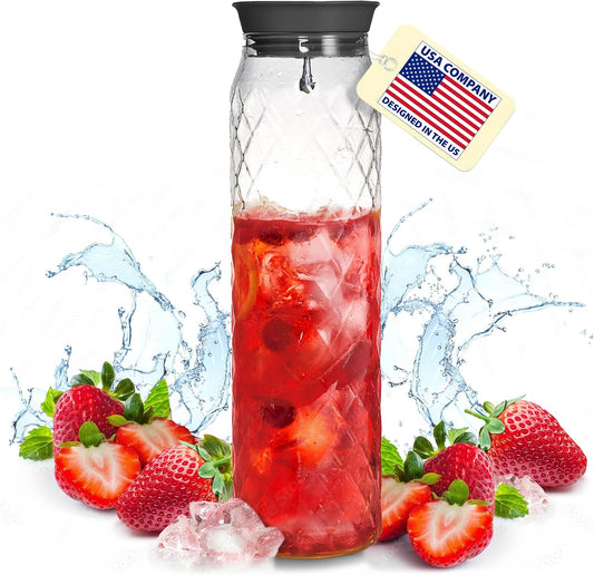 PJC-Kitchen Borosilicate Glass Pitcher with Lid - 1.2 L / 41 oz Water Jug | Durable borosilicate glass carafe for hot / cold beverages -4 °F to 302 °F, spill-proof lid with filter, dishwasher safe