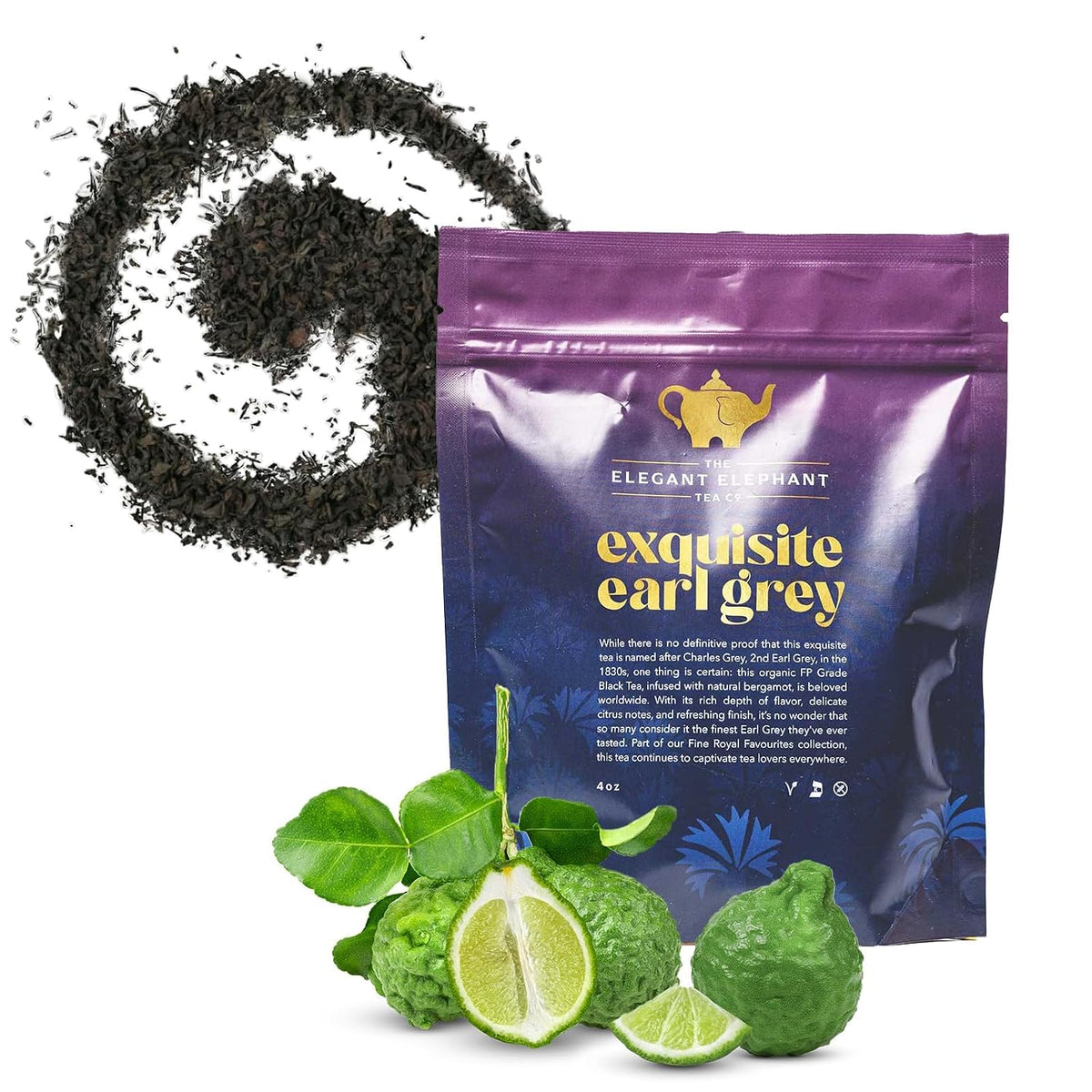Earl Grey Tea, Organic Loose Leaf Black Tea – Classic Bergamot &amp; Citrus Flavor – Boost Clarity &amp; Wellness – Drink Hot or Iced – 4 oz Resealable Bag (Makes 50 Cups) – The Elegant Elephant