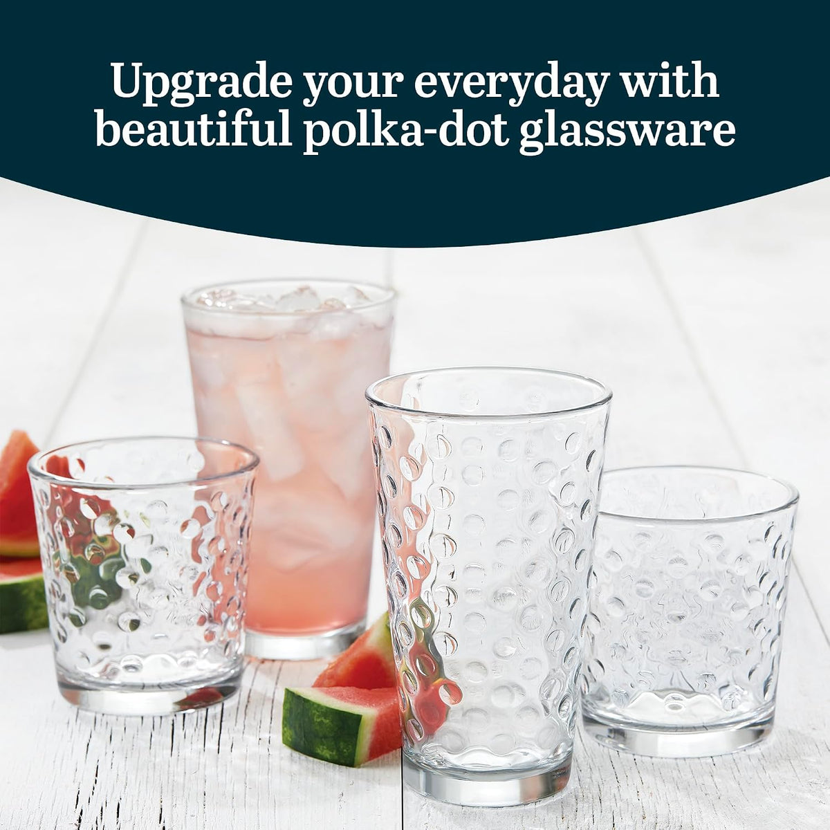 Libbey Awa Polka Dot Tumbler &amp; Rocks Drinking Glasses Set of 16, Glass Cups | 16 oz and 13 oz Capacity Vintage-Inspired Polka Dot Texture for Water, Juice, Cocktails &amp; More, Dishwasher Safe Cleanup