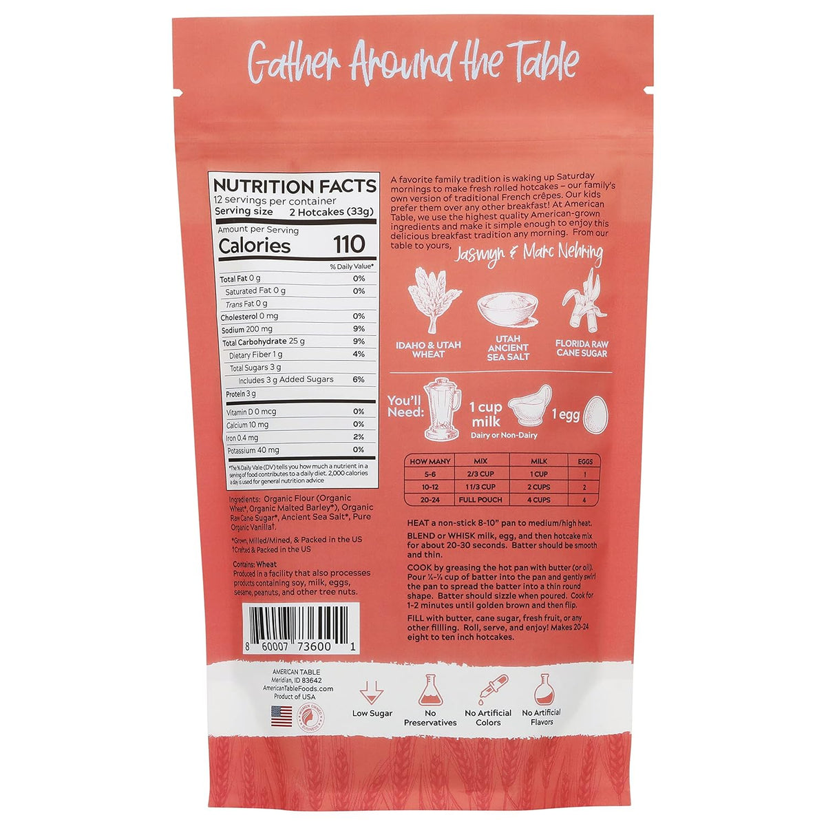 Classic Rolled Hotcakes Crepe Mix by American Table, Made with American-Grown Organic Wheat Flour &amp; Pure Vanilla, French-Style, Non-GMO, Low Sugar, No Preservatives, Quick Prep, Makes 24 Crepes (14 oz, Pack of 1)