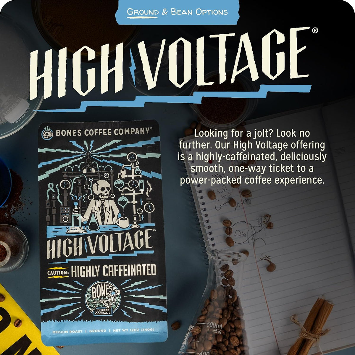 Bones Coffee Company High Voltage, Highly Caffeinated Unflavored Coffee, Medium Roast Low Acid Arabica Beans Compatible with Auto drip and French Press Coffee Maker, 12 Oz Ground